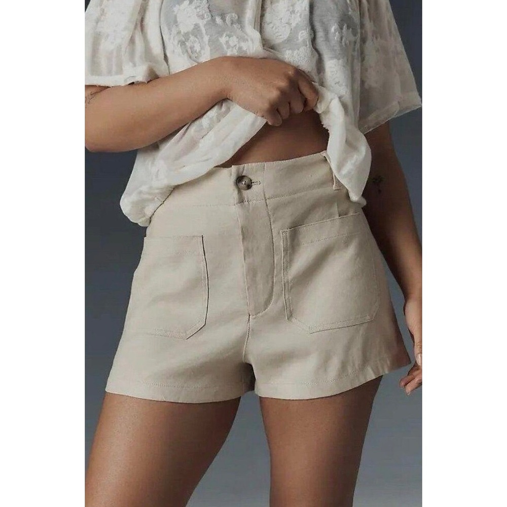 Maeve Anthropologie The Colette Linen Blend Shorts Cream Sand High Rise 25